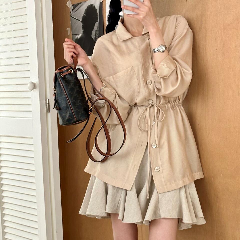 テンセル混ストリングシャツ・p005468 レディース 【bl】 韓国ファッション トップス シャツ カラーネック 長袖 ドロップショルダー フロントボタン ストリング ミドル丈 ルーズフィット テンセル混 無地 お出かけ 春 夏 カジュアル MKT