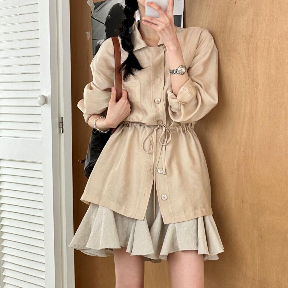 テンセル混ストリングシャツ・p005468 レディース 【bl】 韓国ファッション トップス シャツ カラーネック 長袖 ドロップショルダー フロントボタン ストリング ミドル丈 ルーズフィット テンセル混 無地 お出かけ 春 夏 カジュアル MKT