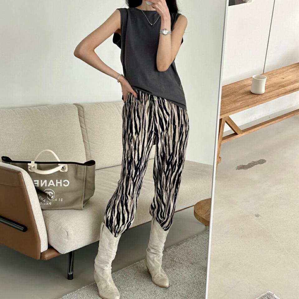 パターンイージープリーツパンツ・p005463 レディース 【pt】 韓国ファッション ボトムス パンツ ロング丈 フルレングス ハイウエスト イージー パターン プリーツ サイドスリット ストレート 大人カジュアル デイリー 春 夏 カジュアル MKT