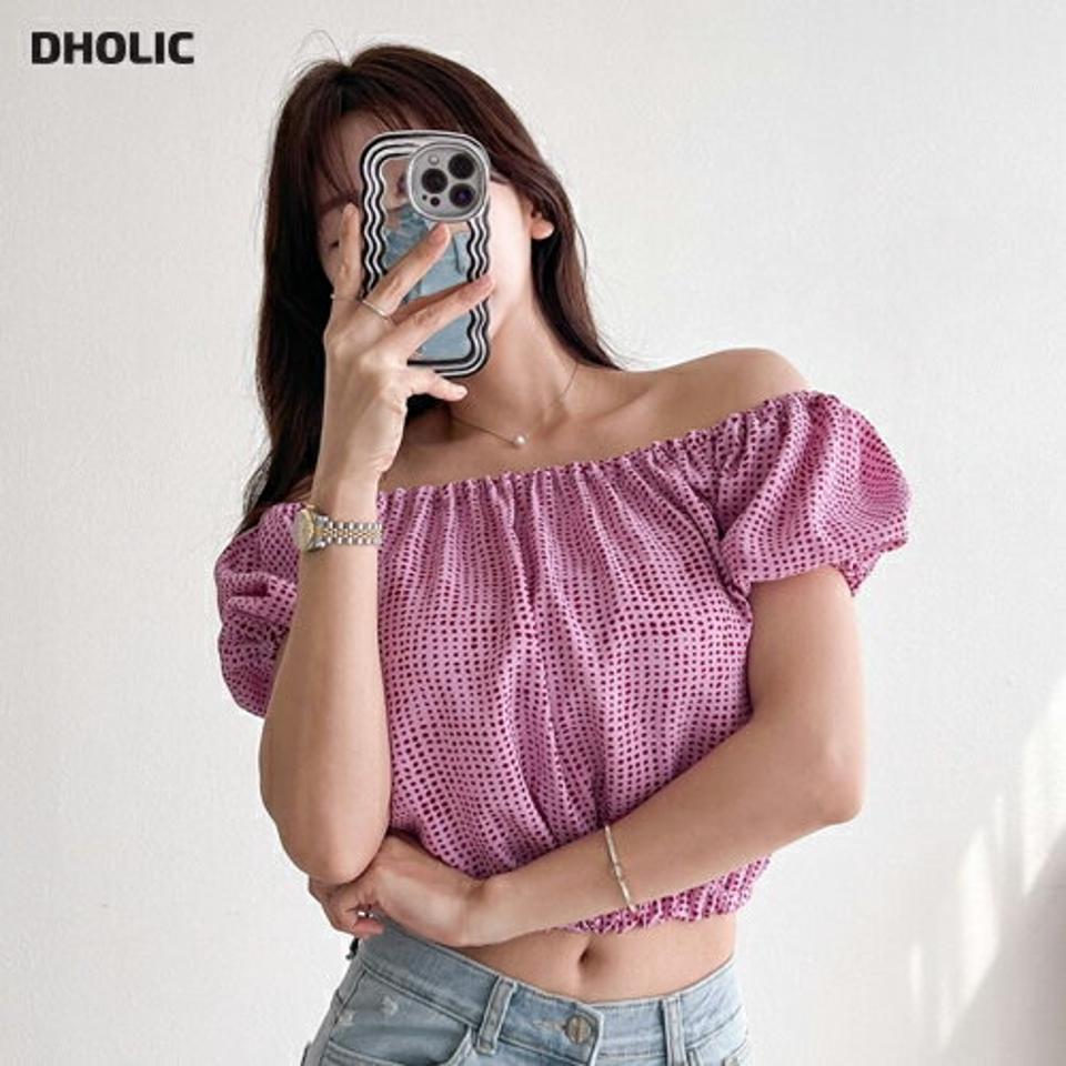 【4DAY限定SALE】2WAYドットパフブラウス・p005447 レディース 【bl】 韓国ファッション トップス ブラウス スクエアネック オフショルダー 半袖 パフスリーブ ドット柄 クロップド ゴム ボリューム キュート ガーリー 春 夏 カジュアル MKT
