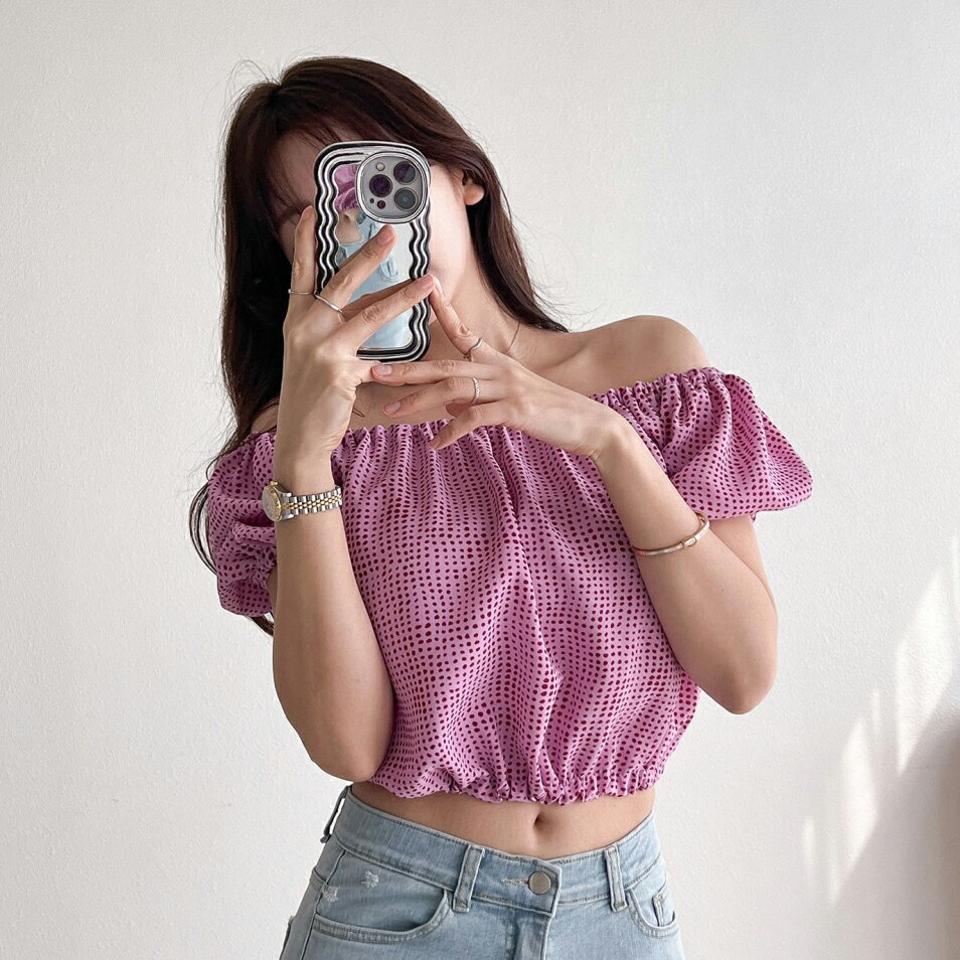 【4DAY限定SALE】2WAYドットパフブラウス・p005447 レディース 【bl】 韓国ファッション トップス ブラウス スクエアネック オフショルダー 半袖 パフスリーブ ドット柄 クロップド ゴム ボリューム キュート ガーリー 春 夏 カジュアル MKT
