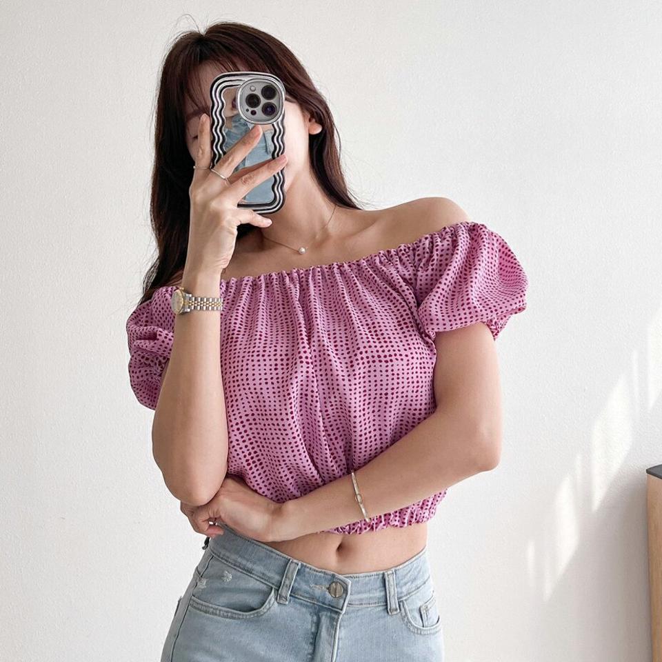 【4DAY限定SALE】2WAYドットパフブラウス・p005447 レディース 【bl】 韓国ファッション トップス ブラウス スクエアネック オフショルダー 半袖 パフスリーブ ドット柄 クロップド ゴム ボリューム キュート ガーリー 春 夏 カジュアル MKT