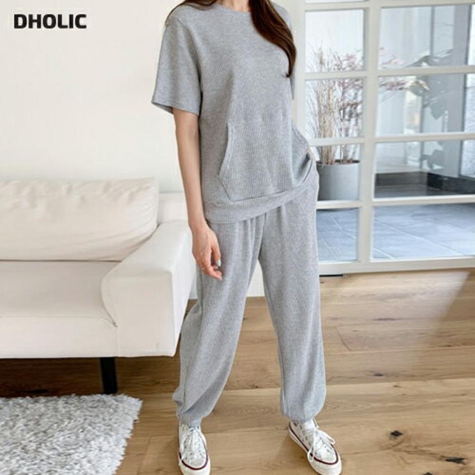 【マラソン特価】テンセル混Tシャツ&ジョガーパンツSET・p005343 レディース 【pt】 韓国ファッション セットアップ Tシャツ ラウンドネック 半袖 マフポケット ルーズ パンツ ジョガー ロング丈 ハイウエスト ワイド テンセル混 無地 デイリー 春 夏 カジュアル MKT