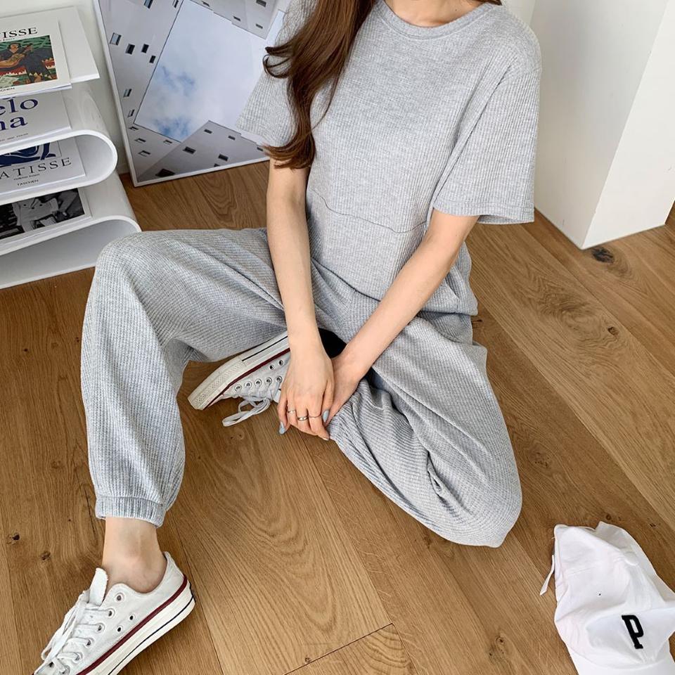 【マラソン特価】テンセル混Tシャツ&ジョガーパンツSET・p005343 レディース 【pt】 韓国ファッション セットアップ Tシャツ ラウンドネック 半袖 マフポケット ルーズ パンツ ジョガー ロング丈 ハイウエスト ワイド テンセル混 無地 デイリー 春 夏 カジュアル MKT