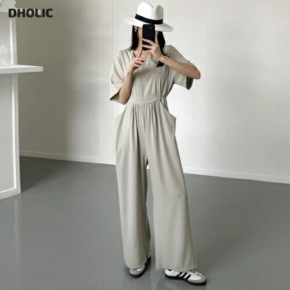 リボンVネックオールインワン・p005300 レディース 【pt】 韓国ファッション オールインワン パンツ ラウンドネック 半袖 ロング丈 フルレングス ポケット リネン ワイド ルーズフィット 無地 モード お出かけ 春 夏 カジュアル MKT