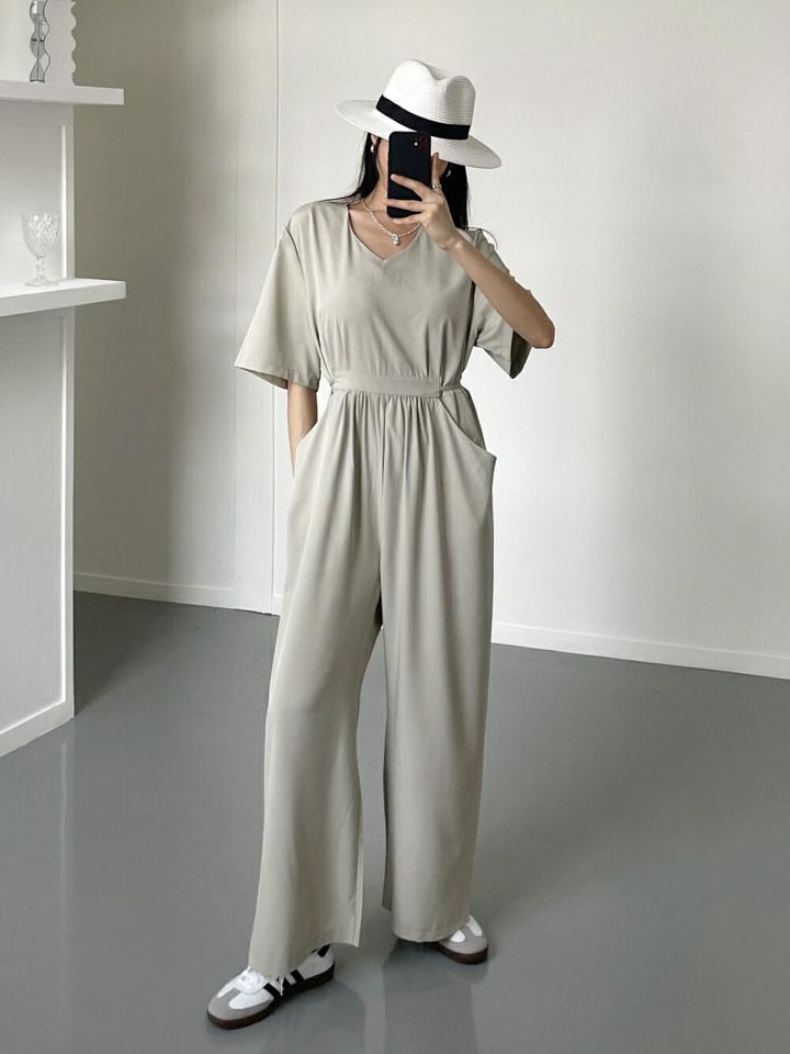 リボンVネックオールインワン・p005300 レディース 【pt】 韓国ファッション オールインワン パンツ ラウンドネック 半袖 ロング丈 フルレングス ポケット リネン ワイド ルーズフィット 無地 モード お出かけ 春 夏 カジュアル MKT