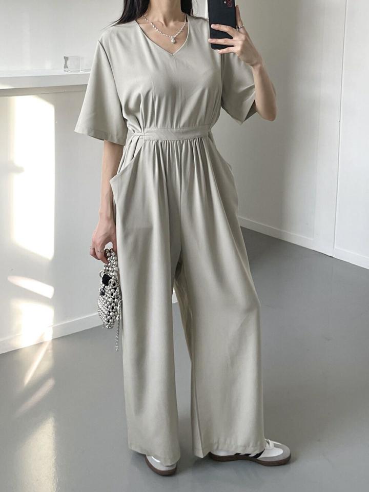 リボンVネックオールインワン・p005300 レディース 【pt】 韓国ファッション オールインワン パンツ ラウンドネック 半袖 ロング丈 フルレングス ポケット リネン ワイド ルーズフィット 無地 モード お出かけ 春 夏 カジュアル MKT