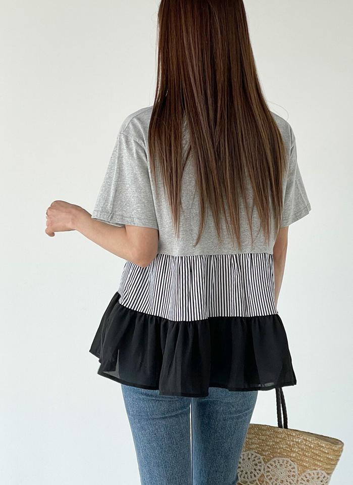 ストライプ配色ティアードTシャツ・b00896 レディース 【tops】 韓国ファッション トップス Tシャツ ラウンドネック 半袖 ストライプ 配色 ショート丈 ティアード ルーズフィット コットン モノトーン 大人カジュアル 春 夏 カジュアル