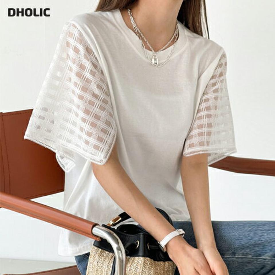 チェックシアースリーブTシャツ・b00897 レディース 【tops】 韓国ファッション トップス Tシャツ ラウンドネック 半袖 シアースリーブ チェック クロップド ナチュラルライン コットン モード 大人 お出かけ 春 夏 カジュアル
