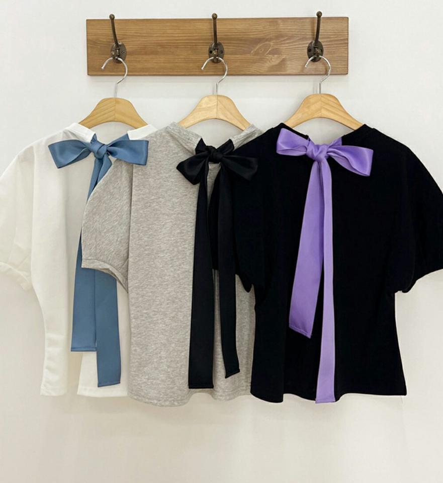 バック配色リボンパフシャツ・b00899 レディース 【bl】 韓国ファッション トップス シャツ ラウンドネック 半袖 パフスリーブ ボリューム クロップド 配色 バックリボン コットン 光沢 無地 キュート お出かけ 春 夏 カジュアル