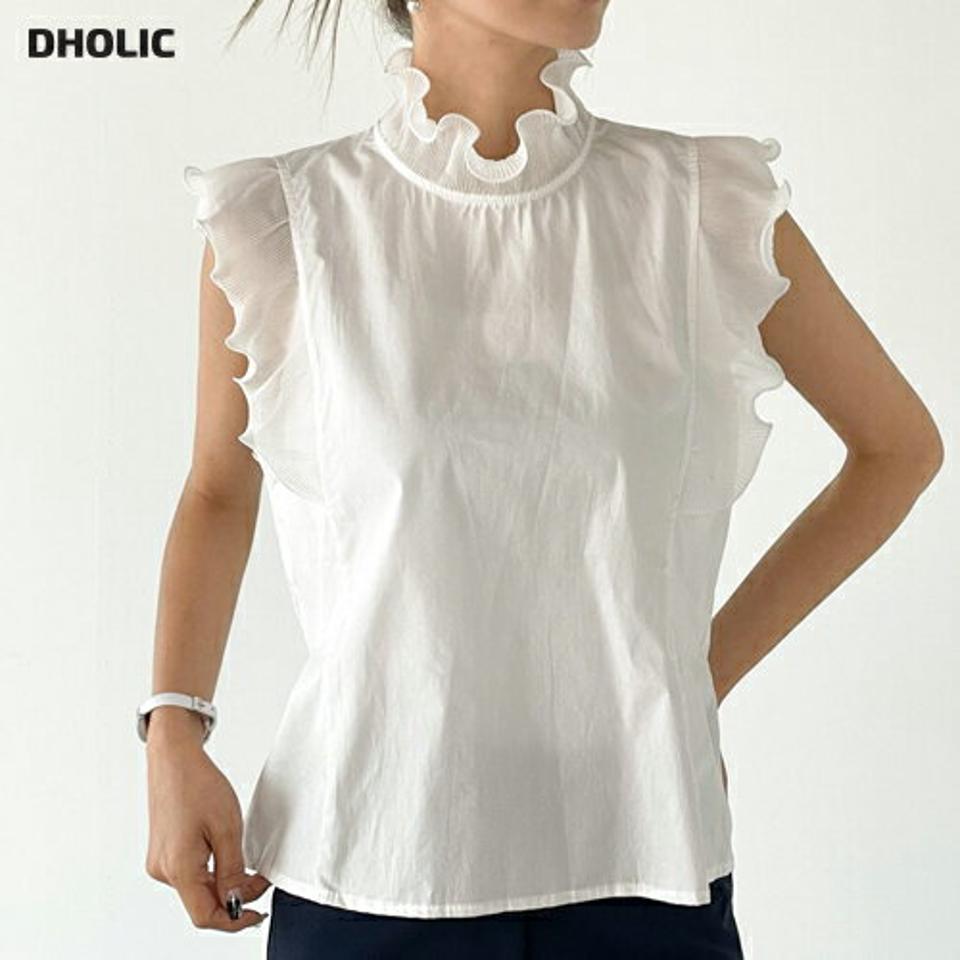 【マラソン特価】プリーツフリルノースリーブ・b00905 レディース 【tops】 韓国ファッション トップス ハイネック フリル ノースリーブ プリーツ ショート丈 シアーヘム ボクシーシルエット コットン混 無地 ガーリー フェミニン 春 夏 カジュアル