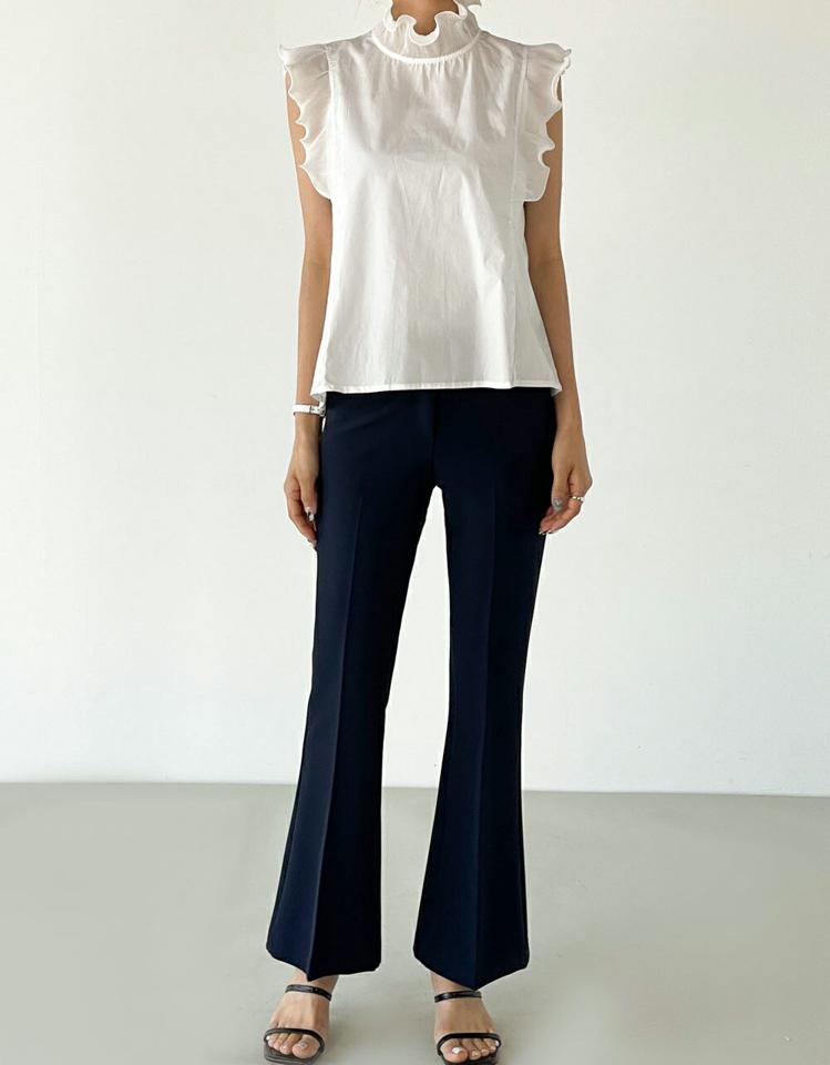 【マラソン特価】プリーツフリルノースリーブ・b00905 レディース 【tops】 韓国ファッション トップス ハイネック フリル ノースリーブ プリーツ ショート丈 シアーヘム ボクシーシルエット コットン混 無地 ガーリー フェミニン 春 夏 カジュアル