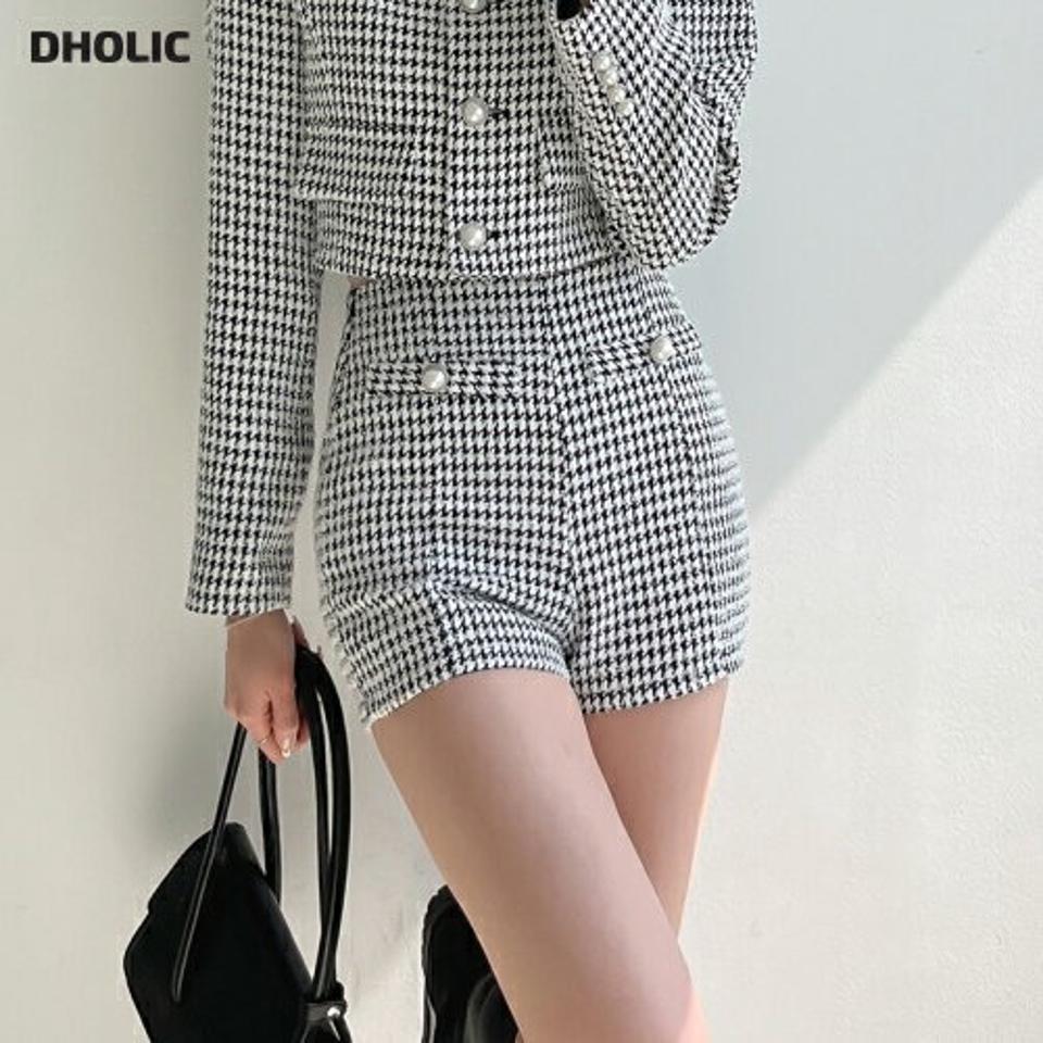 ツイードパール調ボタンショートパンツ・p005623 レディース 【pt】 韓国ファッション ボトムス パンツ ショート丈 ハイウエスト ハウンドトゥース ツイード クロップド パール調ボタン タイト ガーリー 春 夏 カジュアル MKT