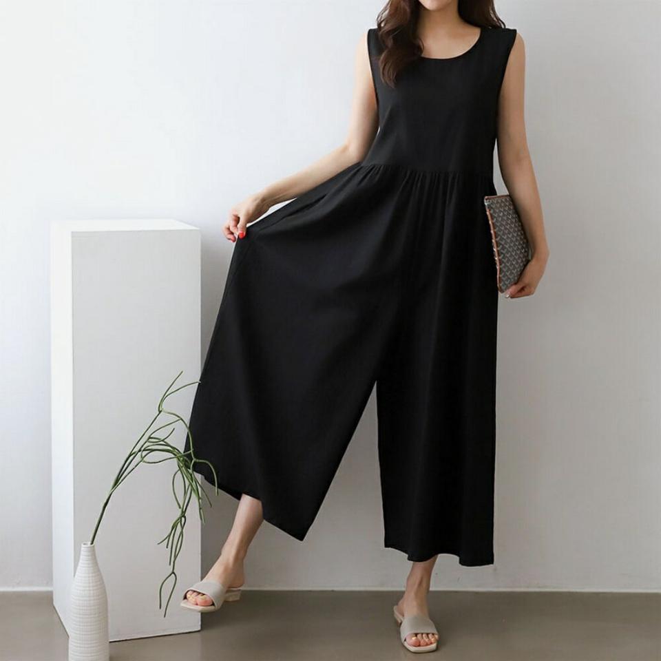 【マラソン特価】リネン混ノースリオールインワン・p005561 レディース 【pt】 韓国ファッション オールインワン パンツ ロング丈 9分丈 ラウンドネック ノースリーブ ワイド ルーズフィット リネン混 無地 シンプル デイリー 大人 春 夏 カジュアル MKT