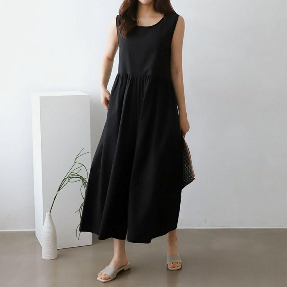 【マラソン特価】リネン混ノースリオールインワン・p005561 レディース 【pt】 韓国ファッション オールインワン パンツ ロング丈 9分丈 ラウンドネック ノースリーブ ワイド ルーズフィット リネン混 無地 シンプル デイリー 大人 春 夏 カジュアル MKT