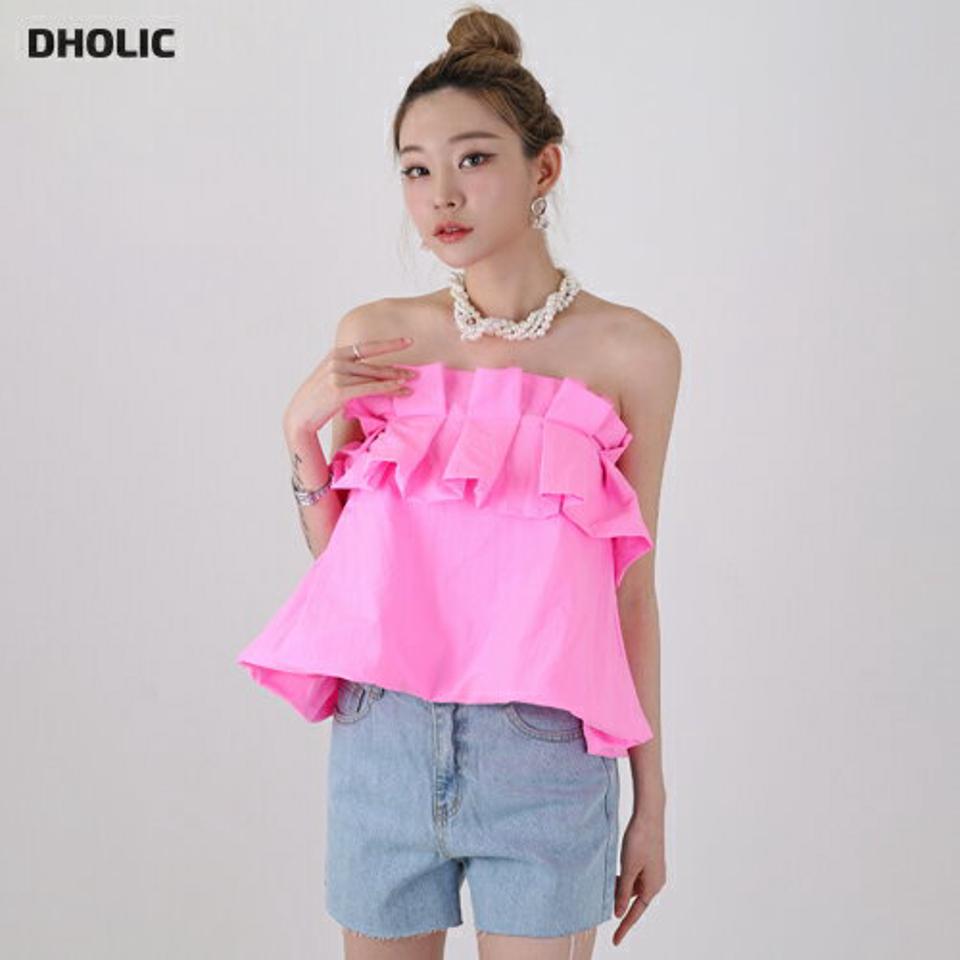 タックフリルチューブトップ・p005558 レディース 【tops】 韓国ファッション トップス チューブトップ ノースリーブ ダック フリル クロップド ショート丈 フレア ボリューム 無地 ガーリー ユニーク カラフル 上品 春 夏 カジュアル MKT