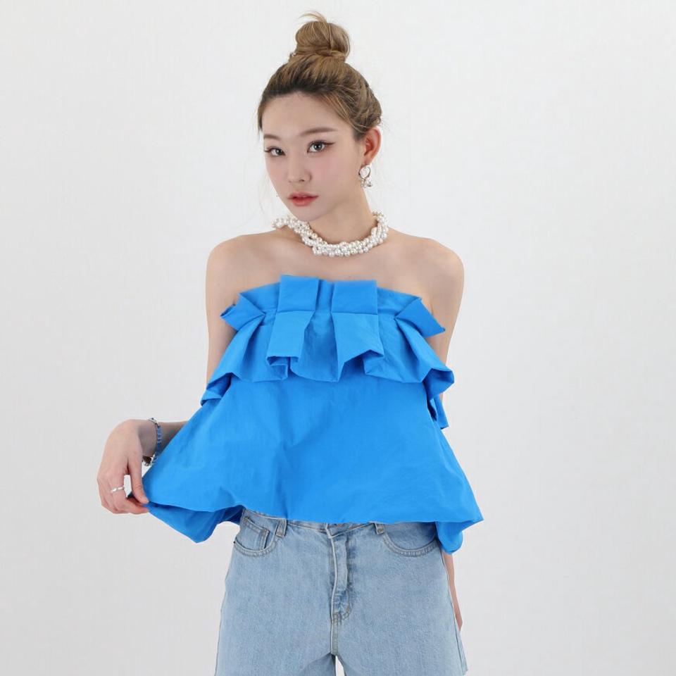 タックフリルチューブトップ・p005558 レディース 【tops】 韓国ファッション トップス チューブトップ ノースリーブ ダック フリル クロップド ショート丈 フレア ボリューム 無地 ガーリー ユニーク カラフル 上品 春 夏 カジュアル MKT
