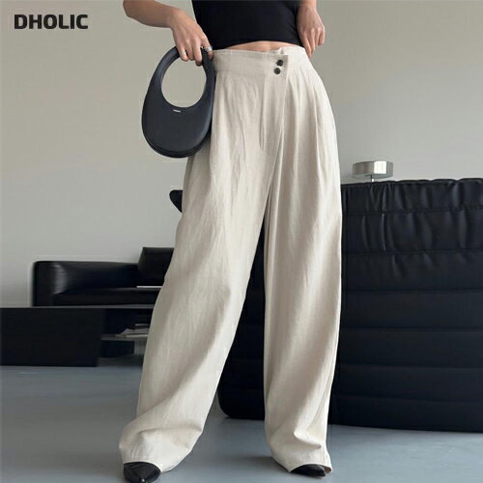 リネン混アシメボタンパンツ・p005549 レディース 【pt】 韓国ファッション ボトムス パンツ ロング丈 ハイウエスト フルレングス アシメボタン ワイド ルーズフィット リネン混 無地 大人カジュアル お出かけ 春 夏 カジュアル MKT