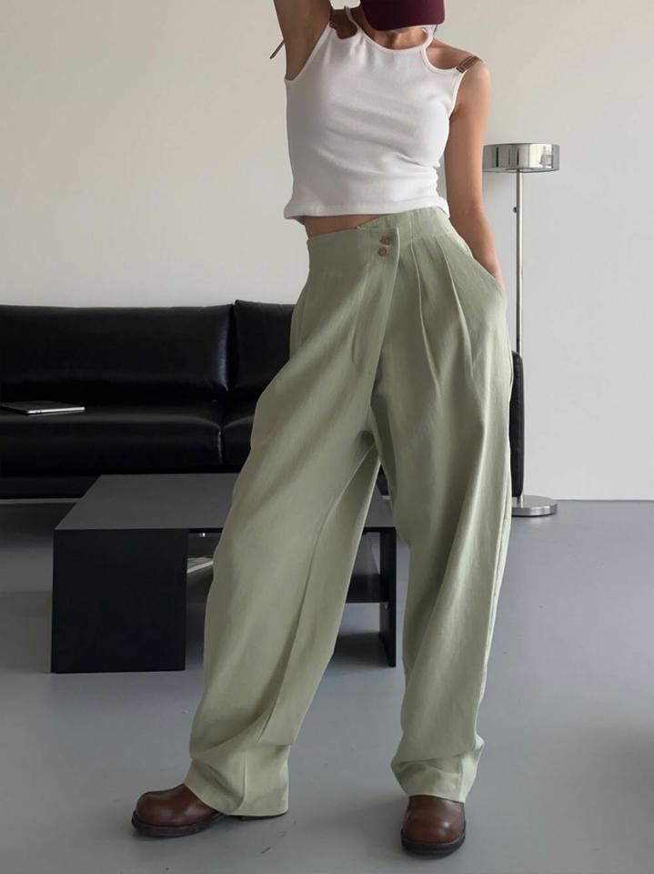 リネン混アシメボタンパンツ・p005549 レディース 【pt】 韓国ファッション ボトムス パンツ ロング丈 ハイウエスト フルレングス アシメボタン ワイド ルーズフィット リネン混 無地 大人カジュアル お出かけ 春 夏 カジュアル MKT