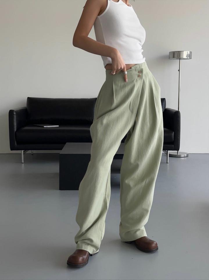 リネン混アシメボタンパンツ・p005549 レディース 【pt】 韓国ファッション ボトムス パンツ ロング丈 ハイウエスト フルレングス アシメボタン ワイド ルーズフィット リネン混 無地 大人カジュアル お出かけ 春 夏 カジュアル MKT