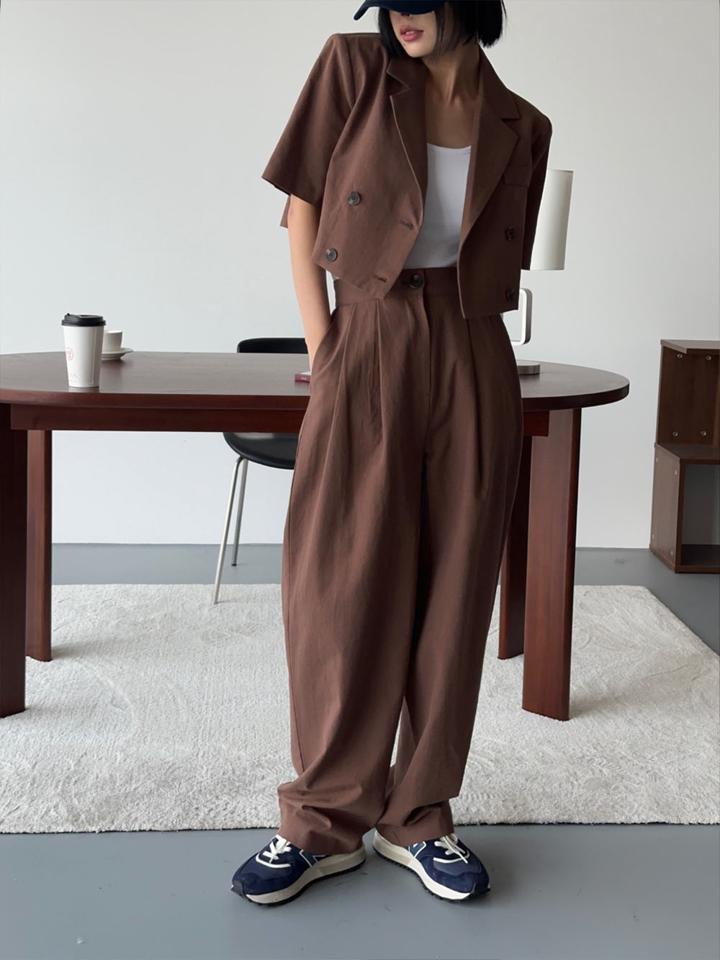 リネン混タックスラックス・p005545 レディース 【pt】 韓国ファッション ボトムス パンツ スラックス ロング丈 ハイウエスト タック ワイド ストレート ゆったり リネン混 無地 オフィスカジュアル モード シンプル 春 夏 カジュアル MKT