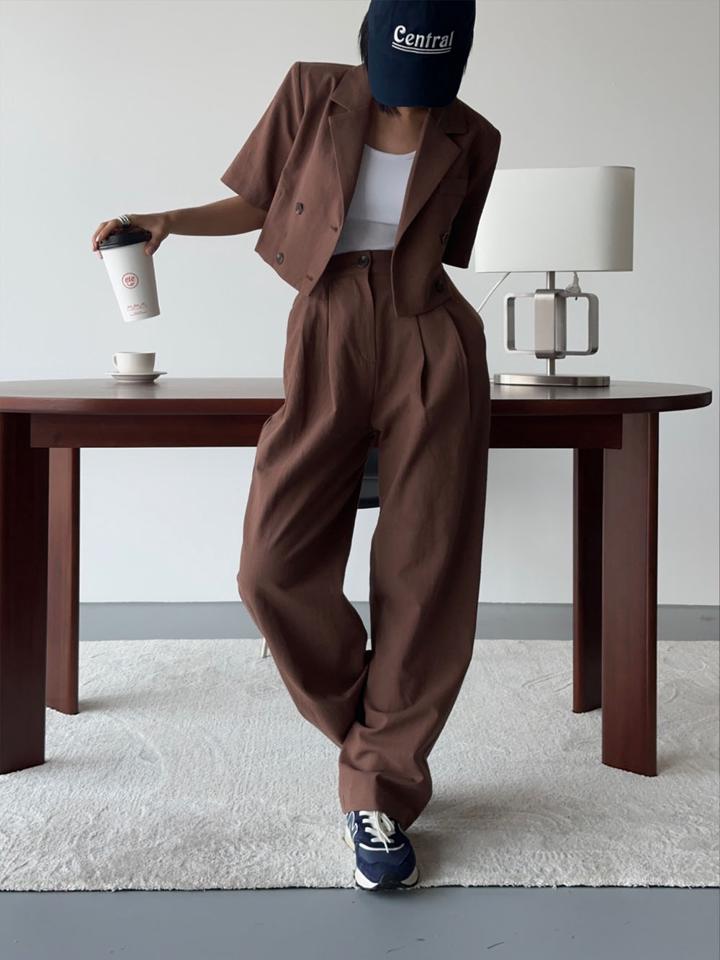 リネン混タックスラックス・p005545 レディース 【pt】 韓国ファッション ボトムス パンツ スラックス ロング丈 ハイウエスト タック ワイド ストレート ゆったり リネン混 無地 オフィスカジュアル モード シンプル 春 夏 カジュアル MKT