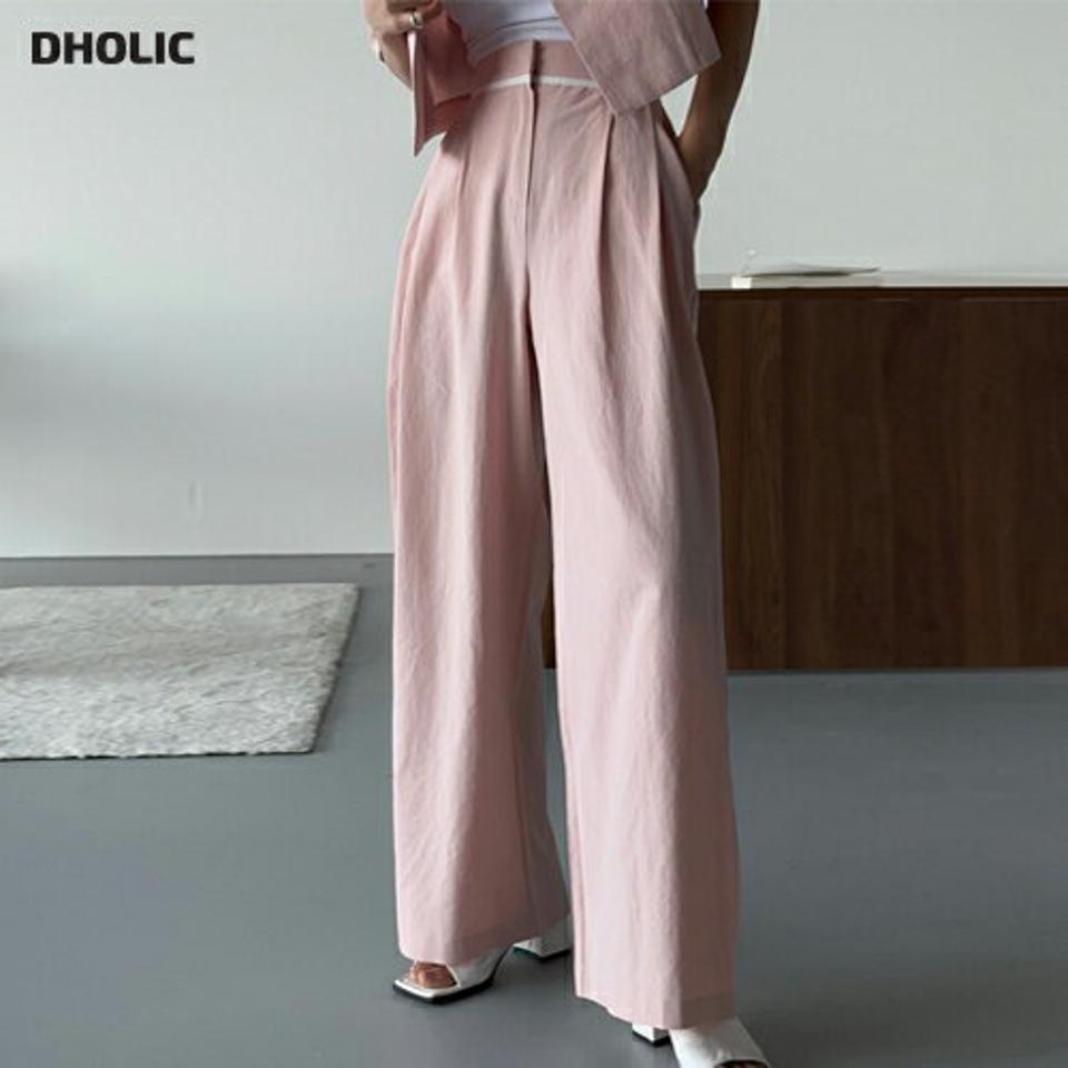 リネン混配色スラックス・p005542 レディース 【pt】 韓国ファッション ボトムス パンツ スラックス ロング丈 フルレングス ハイウエスト 配色ライン ワイド ストレート リネン混 無地 オフィスカジュアル パステル 春 夏 カジュアル MKT