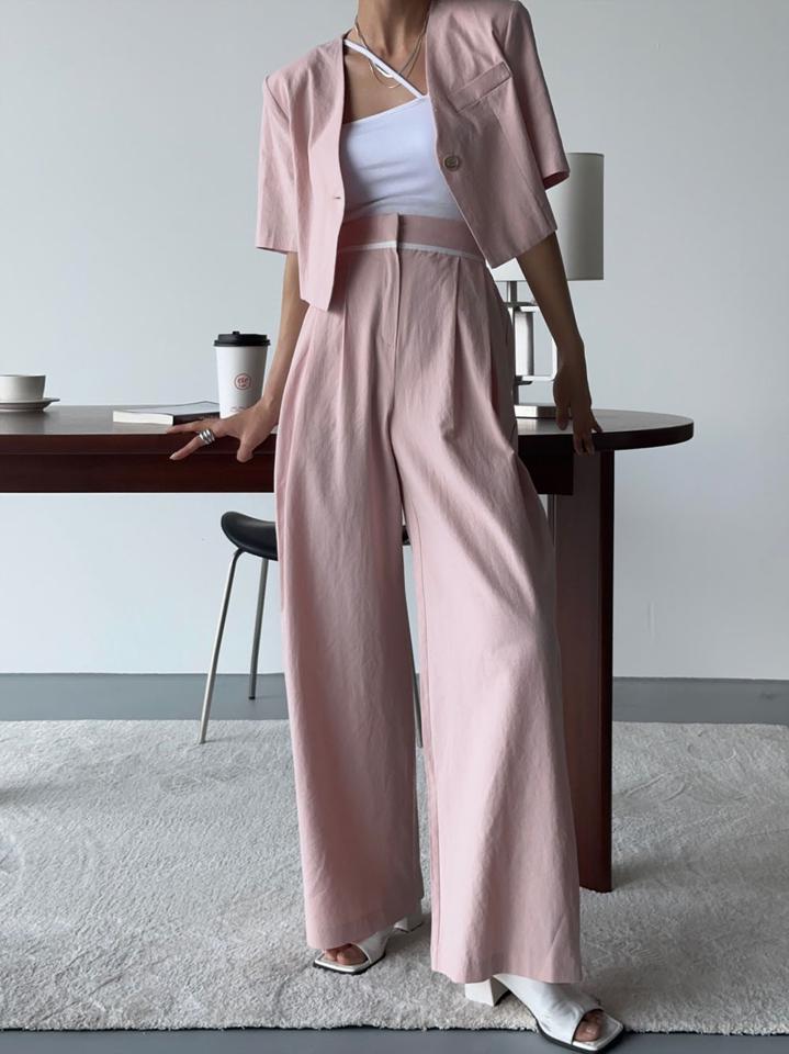 リネン混配色スラックス・p005542 レディース 【pt】 韓国ファッション ボトムス パンツ スラックス ロング丈 フルレングス ハイウエスト 配色ライン ワイド ストレート リネン混 無地 オフィスカジュアル パステル 春 夏 カジュアル MKT