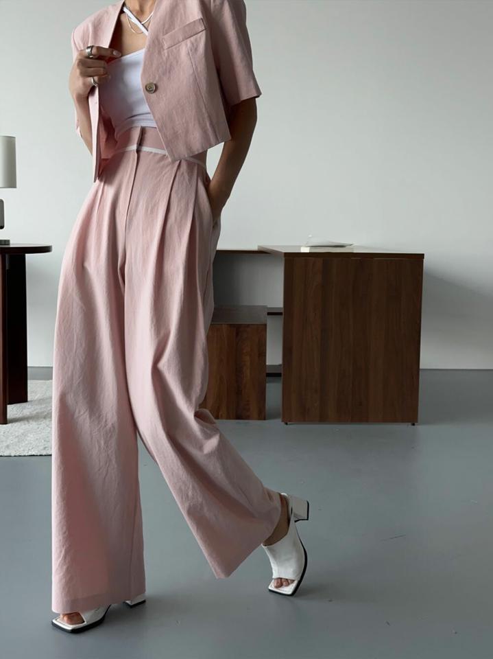 リネン混配色スラックス・p005542 レディース 【pt】 韓国ファッション ボトムス パンツ スラックス ロング丈 フルレングス ハイウエスト 配色ライン ワイド ストレート リネン混 無地 オフィスカジュアル パステル 春 夏 カジュアル MKT