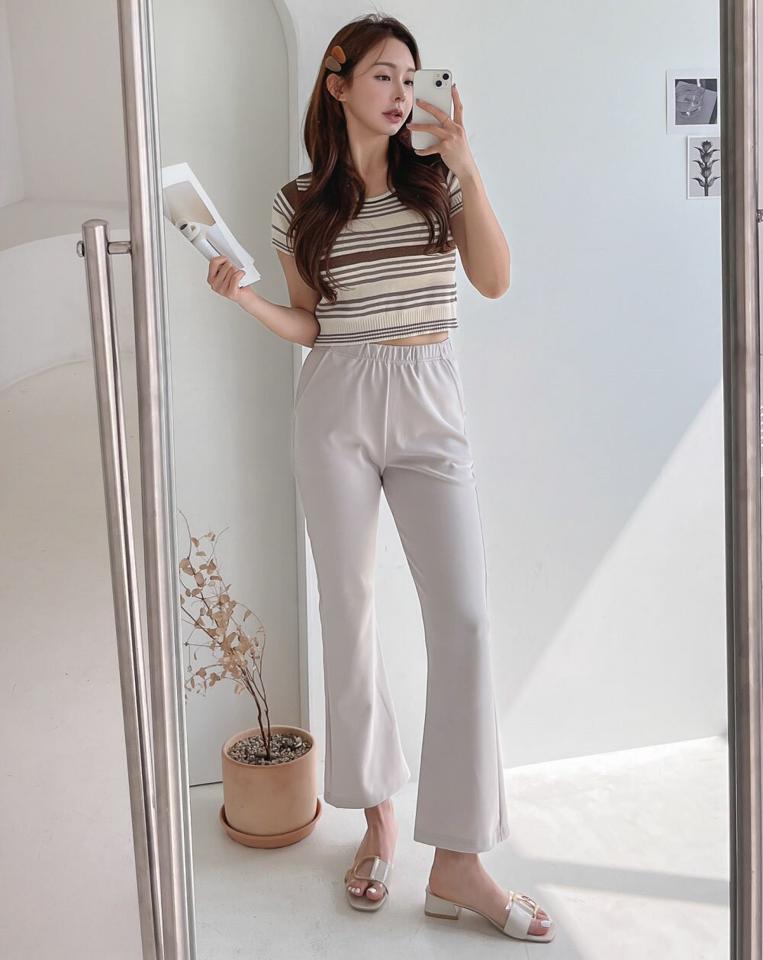 【マラソン特価】イージースリムフレアパンツ・p005505 レディース 【pt】 韓国ファッション ボトムス パンツ ロング丈 ハイウエスト イージー ウエストゴム フレア スリムフィット 細身 無地 フェミニン お出かけ モード 大人 春 夏 カジュアル MKT