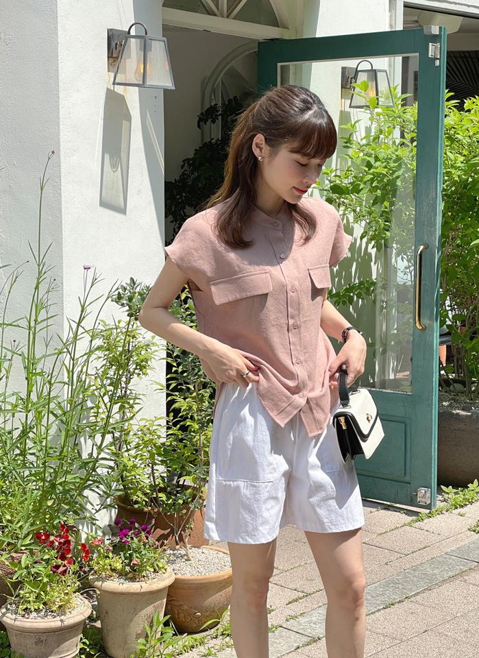 フレンチバンドカラーシャツ・t00795 レディース 【bl】 韓国ファッション トップス シャツ バンドカラー 半袖 フレンチスリーブ フラップポケット ショート丈 ナチュラルライン 無地 モード シンプル デイリー 春 夏 カジュアル