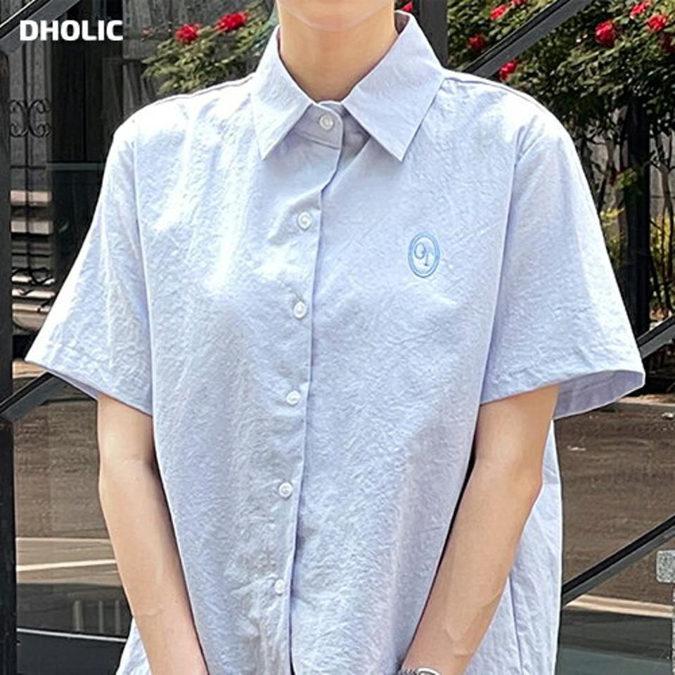 サークル刺繍半袖シャツ・t00798 レディース 【bl】 韓国ファッション トップス シャツ カラーネック 半袖 ショート丈 サークル刺? 刺? ルーズフィット コットン 無地 シンプル スマート デイリー 大人カジュアル 春 夏 カジュアル