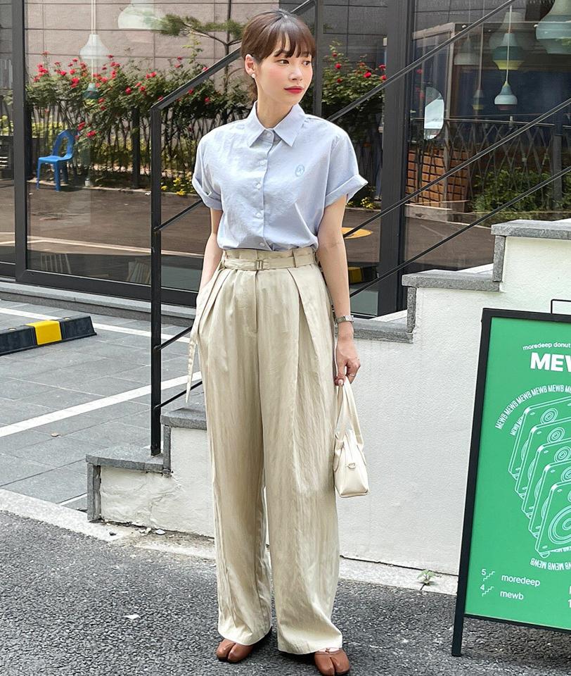 サークル刺繍半袖シャツ・t00798 レディース 【bl】 韓国ファッション トップス シャツ カラーネック 半袖 ショート丈 サークル刺? 刺? ルーズフィット コットン 無地 シンプル スマート デイリー 大人カジュアル 春 夏 カジュアル