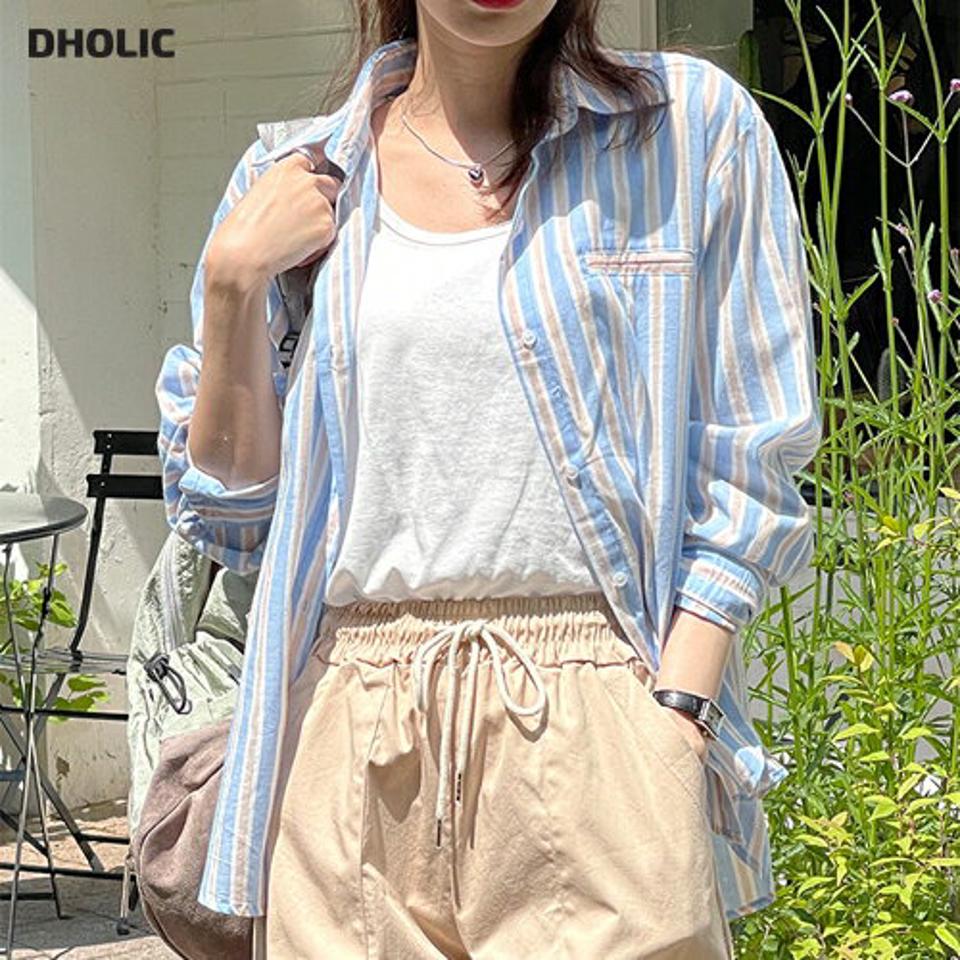 タンクトップ&ストライプシャツSET・t00800 レディース 【tops】 韓国ファッション アンサンブル シャツ カラーネック ストライプ 長袖 ルーズフィット タックトップ Uネック ナチュラルライン 無地 シンプル デイリー セット 春 夏 秋 カジュアル