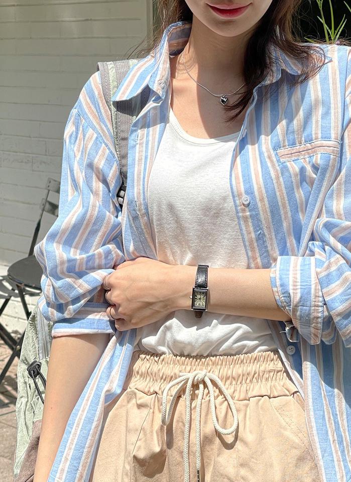タンクトップ&ストライプシャツSET・t00800 レディース 【tops】 韓国ファッション アンサンブル シャツ カラーネック ストライプ 長袖 ルーズフィット タックトップ Uネック ナチュラルライン 無地 シンプル デイリー セット 春 夏 秋 カジュアル