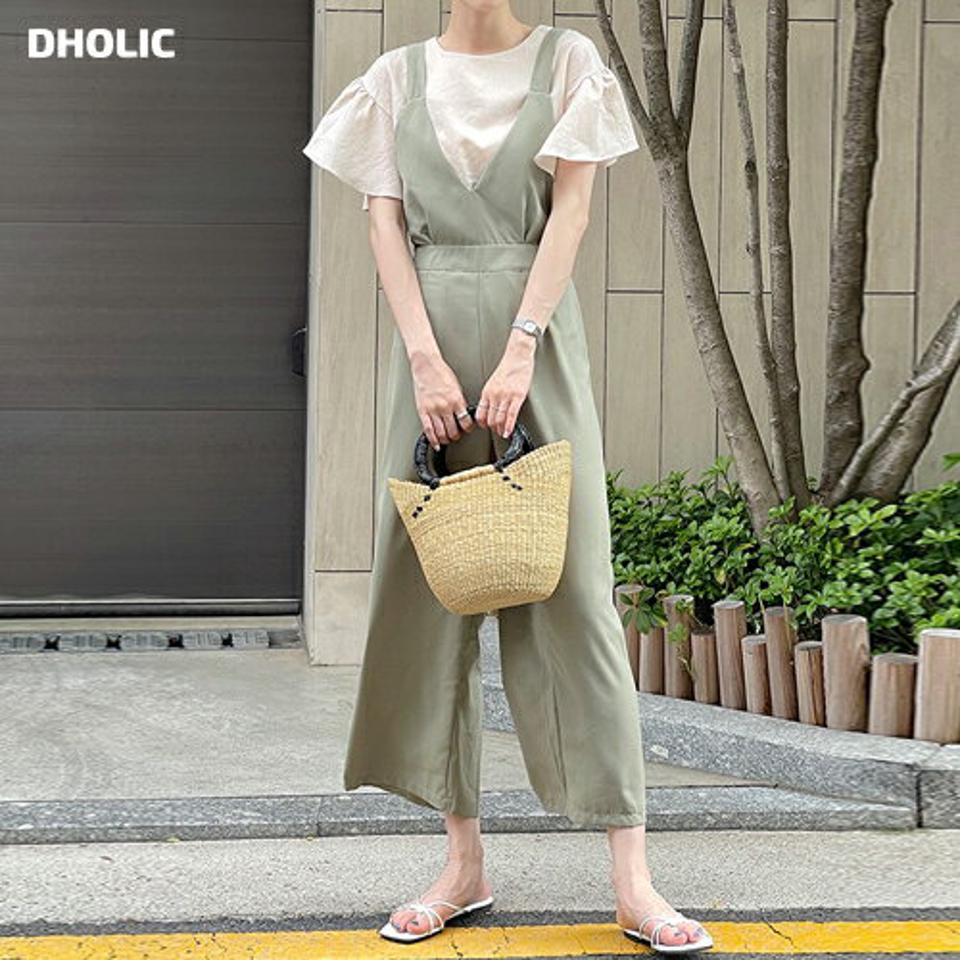 アジャストボタンオールインワン・t00807 レディース 【pt】 韓国ファッション オールインワン パンツ クロップド Vネック ノースリーブ アジャスト ボタン ワイド ルーズフィット 無地 モード 大人 上品 お出かけ レイヤード 春 夏 カジュアル