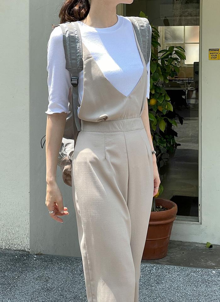 アジャストボタンオールインワン・t00807 レディース 【pt】 韓国ファッション オールインワン パンツ クロップド Vネック ノースリーブ アジャスト ボタン ワイド ルーズフィット 無地 モード 大人 上品 お出かけ レイヤード 春 夏 カジュアル