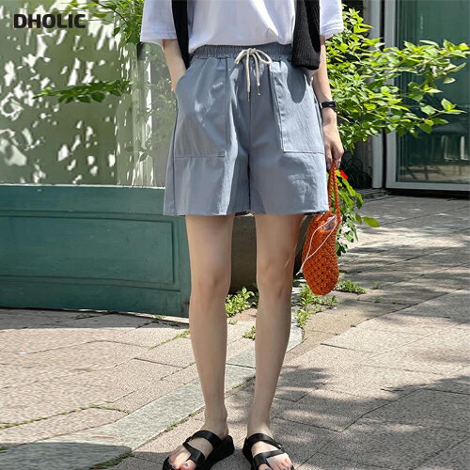 ストリング付ショートパンツ・t00811 レディース 【pt】 韓国ファッション ボトムス パンツ ショート丈 ハイウエスト ストリング リボン イージー ポケット ワイド ナイロン混 無地 シンプル キュート デイリー 春 夏 カジュアル