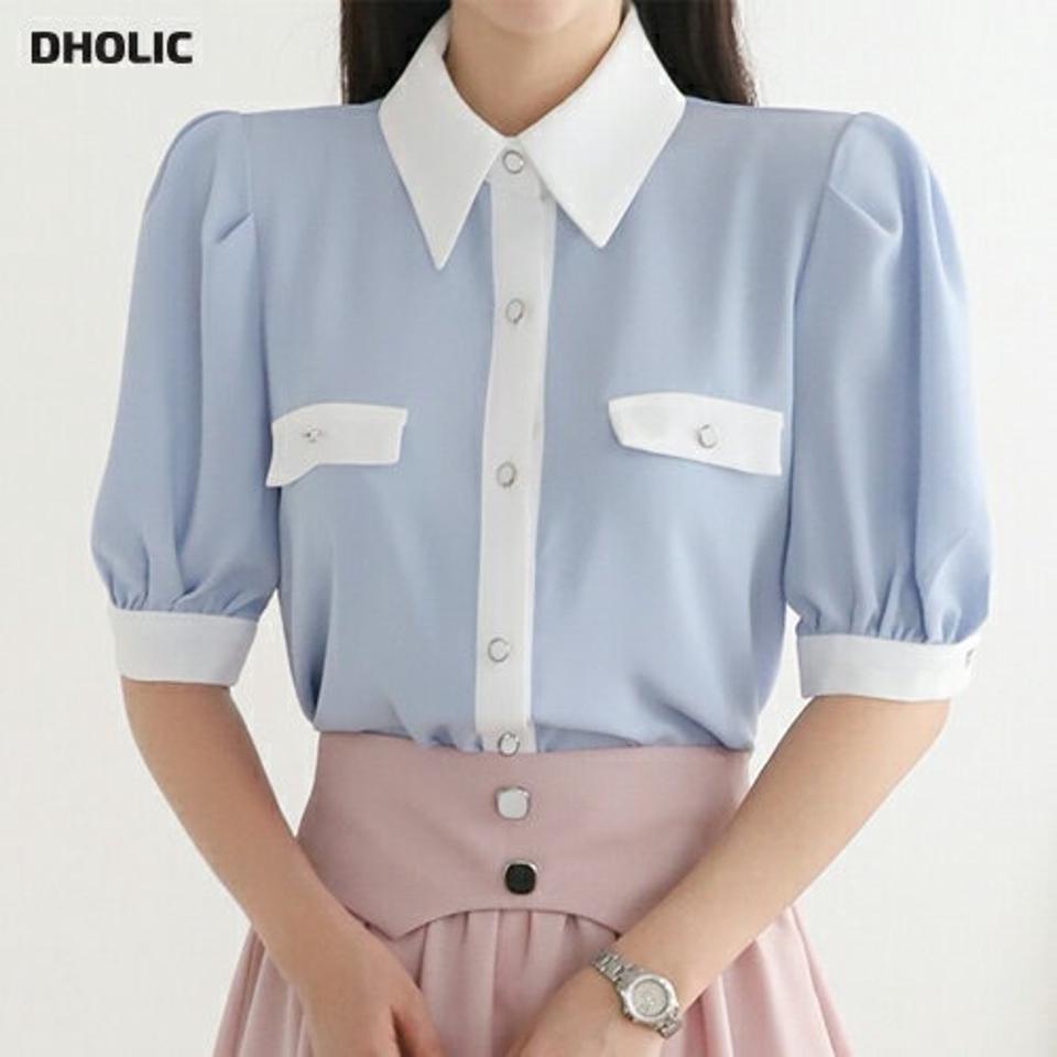 【4DAY限定SALE】配色カラーパフブラウス・p005492 レディース 【bl】 韓国ファッション トップス ブラウス カラーネック 半袖 パフスリーブ 配色 ボタン ボリューム ナチュラルライン 無地 パステル ラブリー お出かけ 春 夏 カジュアル MKT