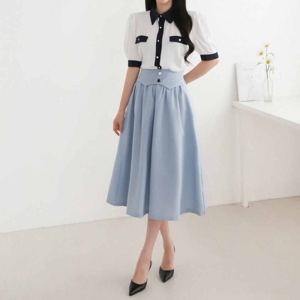 【4DAY限定SALE】配色カラーパフブラウス・p005492 レディース 【bl】 韓国ファッション トップス ブラウス カラーネック 半袖 パフスリーブ 配色 ボタン ボリューム ナチュラルライン 無地 パステル ラブリー お出かけ 春 夏 カジュアル MKT