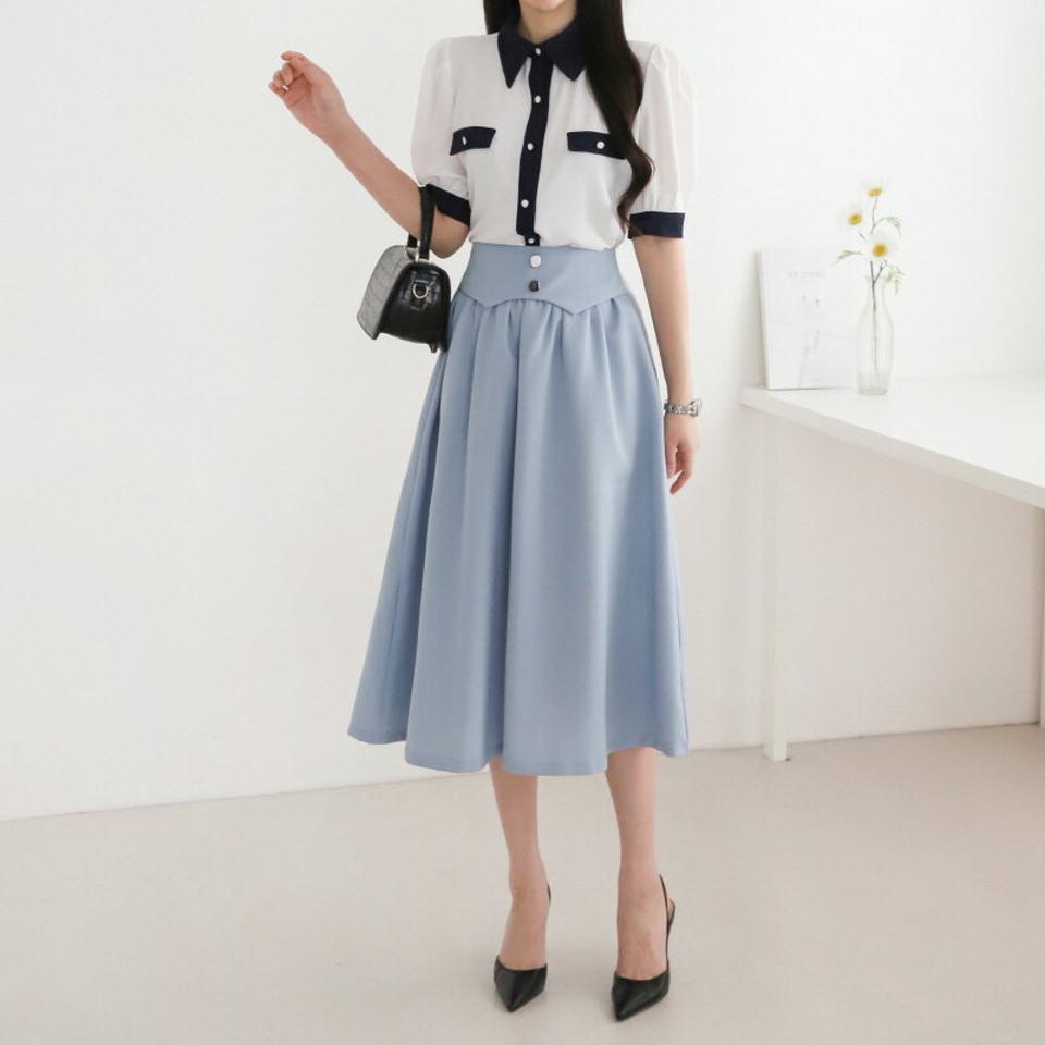 【4DAY限定SALE】配色カラーパフブラウス・p005492 レディース 【bl】 韓国ファッション トップス ブラウス カラーネック 半袖 パフスリーブ 配色 ボタン ボリューム ナチュラルライン 無地 パステル ラブリー お出かけ 春 夏 カジュアル MKT