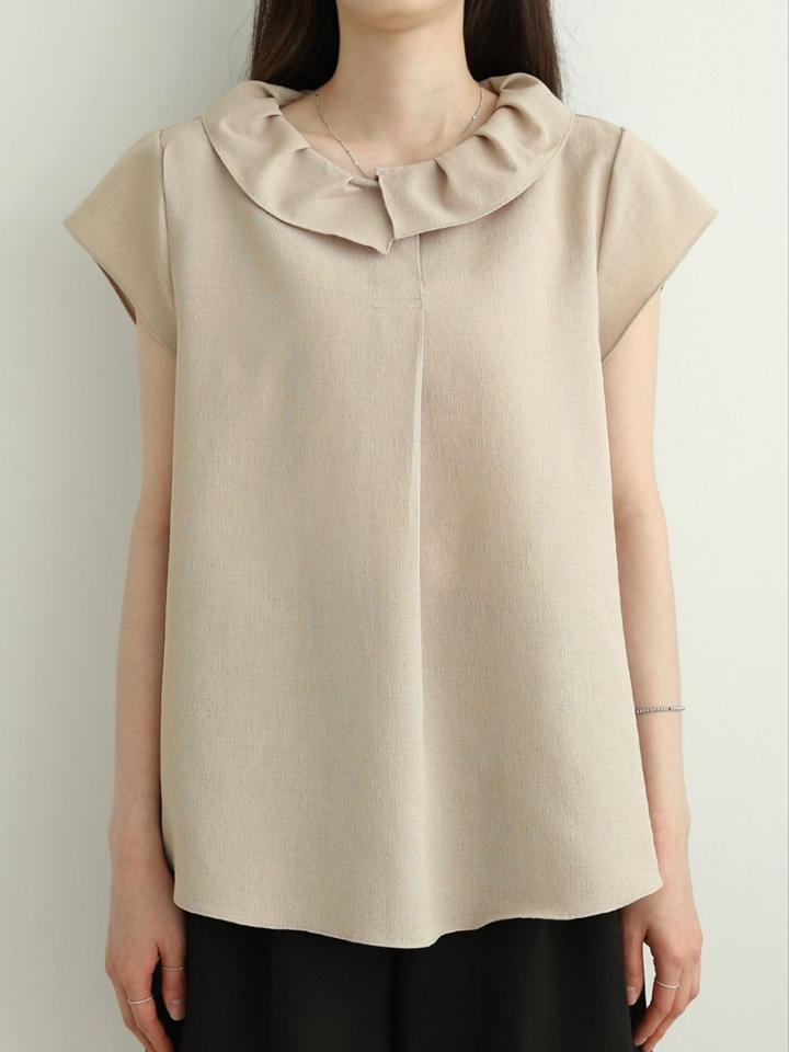 【4DAY限定SALE】カラーキャップスリーブブラウス・p005578 レディース 【bl】 韓国ファッション トップス ブラウス カラーネック タック 半袖 キャップスリーブ クロップド ナチュラルライン 無地 モード 大人カジュアル 春 夏 カジュアル MKT