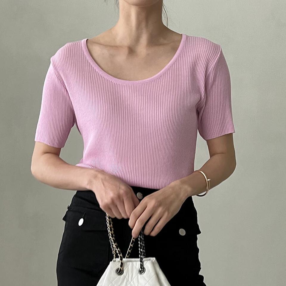 リネン混ラウンドリブニット・p005579 レディース 【tops】 韓国ファッション トップス ニット ラウンドネック 半袖 ショート丈 リブ ナチュラルライン リネン混 サマーニット 無地 パステル シンプル デイリー 春 夏 カジュアル MKT