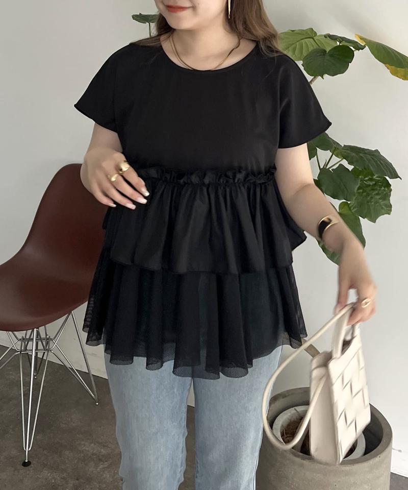 メッシュ切替ティアードフリルTシャツ