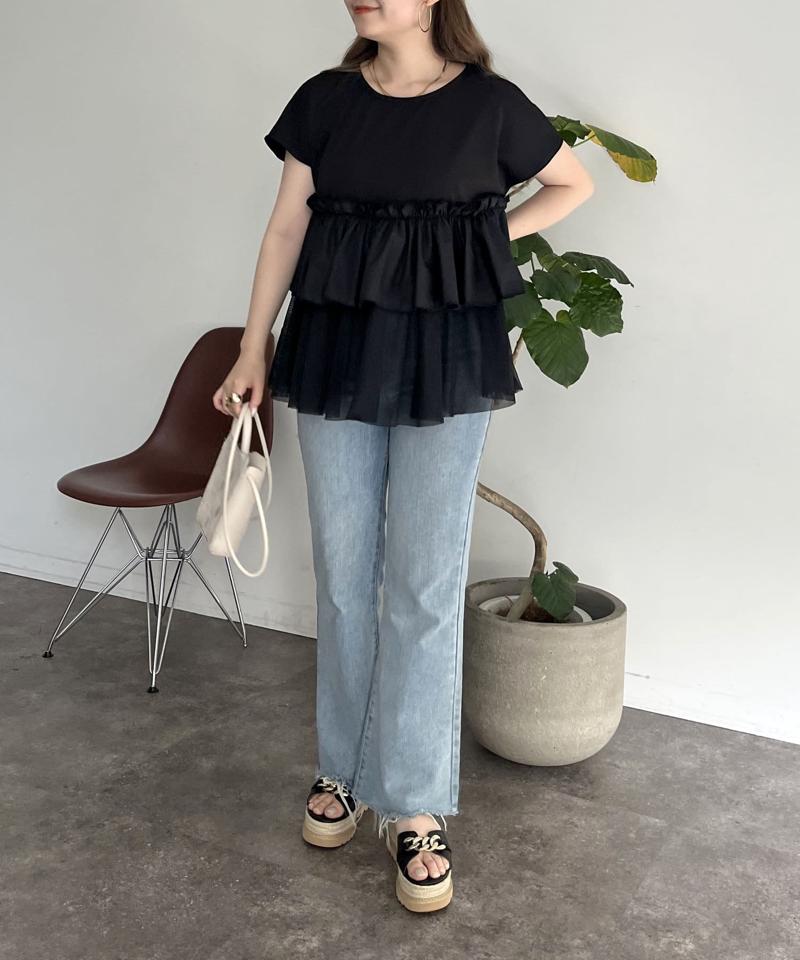 メッシュ切替ティアードフリルTシャツ