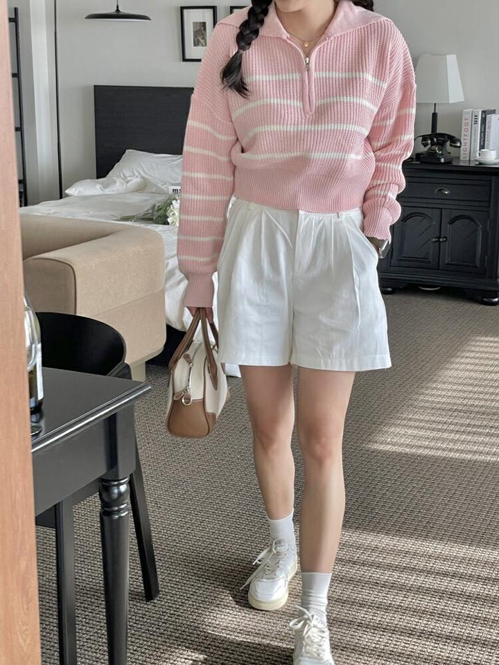 ハーフジップボーダーニット・p005715 レディース 【tops】 韓国ファッション トップス ニット ビッグカラー ハーフジップ 長袖 ドロップショルダー クロップド ボーダー ナチュラルライン パステル デイリー 春 夏 カジュアル MKT