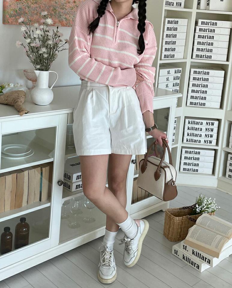 ハーフジップボーダーニット・p005715 レディース 【tops】 韓国ファッション トップス ニット ビッグカラー ハーフジップ 長袖 ドロップショルダー クロップド ボーダー ナチュラルライン パステル デイリー 春 夏 カジュアル MKT