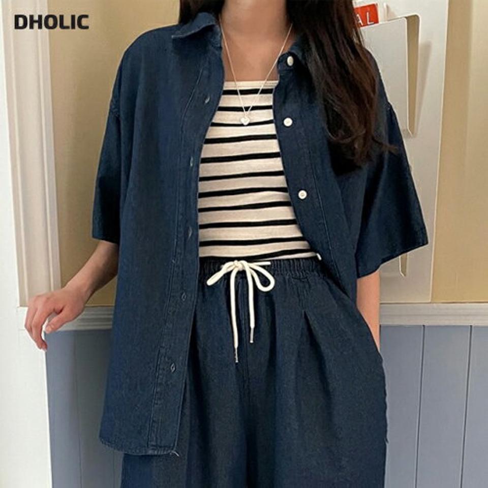 デニム半袖カラーシャツ・p005630 レディース 【bl】 韓国ファッション トップス シャツ カラーネック 半袖 デニム ミドル丈 ルーズフィット ゆったり コットン 綿100 無地 ブルー シンプル デイリー 春 夏 カジュアル MKT