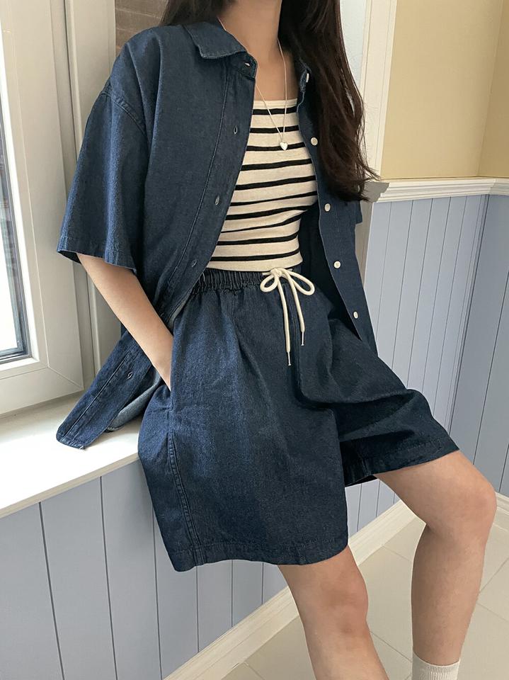 デニム半袖カラーシャツ・p005630 レディース 【bl】 韓国ファッション トップス シャツ カラーネック 半袖 デニム ミドル丈 ルーズフィット ゆったり コットン 綿100 無地 ブルー シンプル デイリー 春 夏 カジュアル MKT