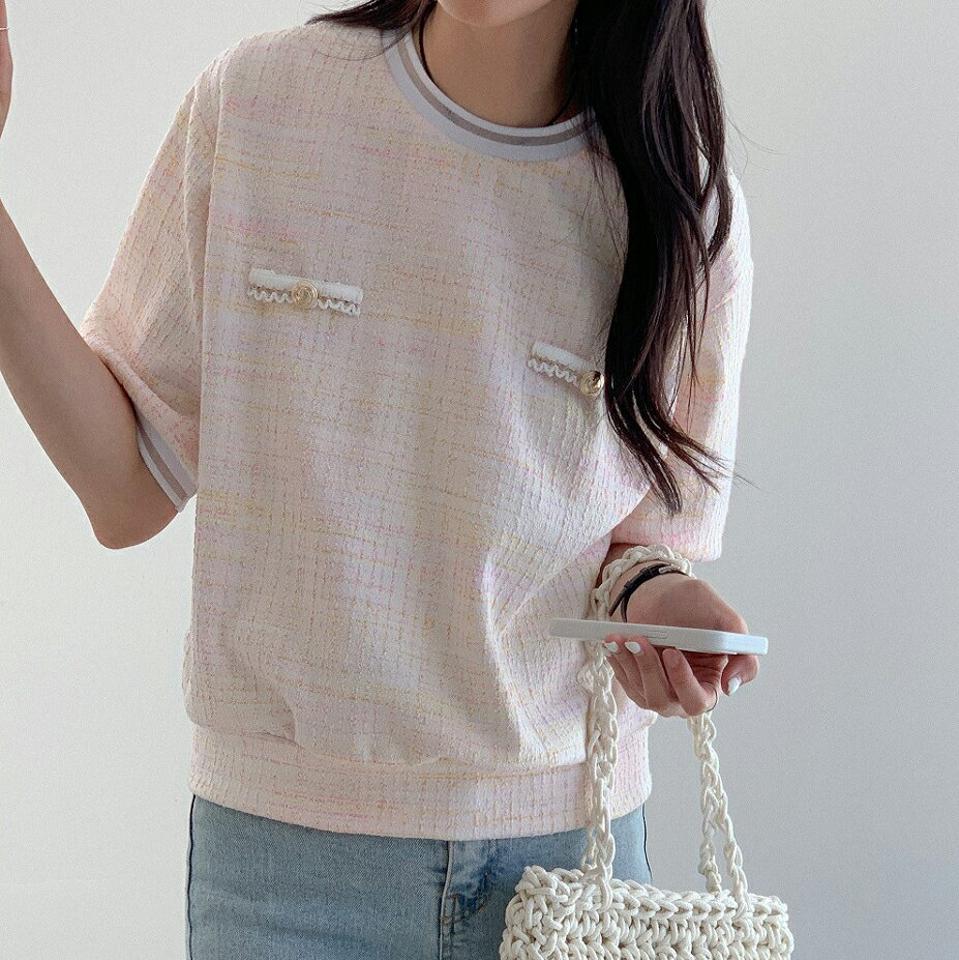 【スーパーセール特価】シアーヘムツイード半袖Tシャツ・p005755 レディース 【tops】 韓国ファッション トップス Tシャツ ラウンドネック 半袖 ドロップショルダー ツイード ミドル丈 シアーヘム 配色 ルーズ パステル ガーリー 大人 モード 春 夏 カジュアル MKT